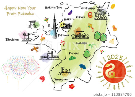 福岡県の観光地のイラストマップ年賀状2025年 福岡県の観光地のイラストマップ年賀状2025年 113884790