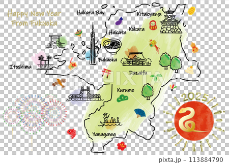福岡県の観光地のイラストマップ年賀状2025年 福岡県の観光地のイラストマップ年賀状2025年 113884790
