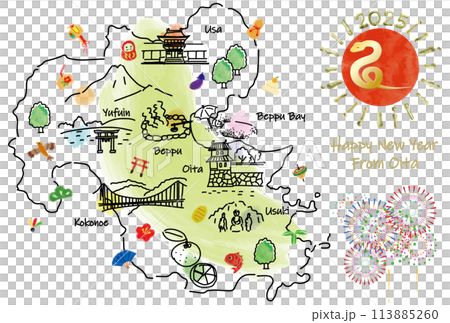 大分県の観光地のイラストマップ年賀状2025年 大分県の観光地のイラストマップ年賀状2025年 113885260