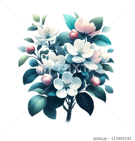 Green foliage and delicate petals of apple tree flowers on a white background, isolation on a white background, spring is gaining strength, a very beautiful breathtaking sight. Generative AI. 113885291