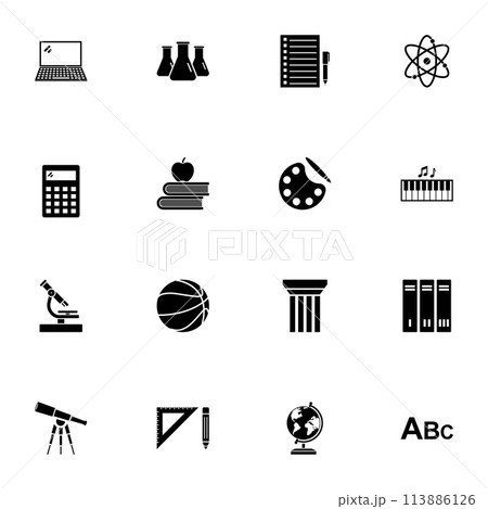 School Subject icon - Expand to any size - Change to any colour. Perfect Flat Vector Contains such Icons as music, science, history, sport, education, astronomy, biology, calculation, chemistry, book. 113886126
