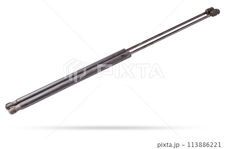A pair of black metal hood shock absorbers with chrome elements - detail of a car mechanism on a white isolated background. Spare parts for body repair. A pair of black metal hood shock absorbers with chrome elements - detail of a car mechanism on a white isolated background. Spare parts for body repair. 113886221