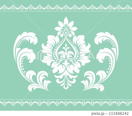 Damask graphic ornament. Floral design element. Green and white vector pattern 113886242