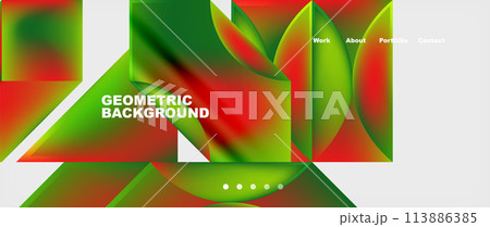 Geometric art with green and red triangular petals on white background 113886385