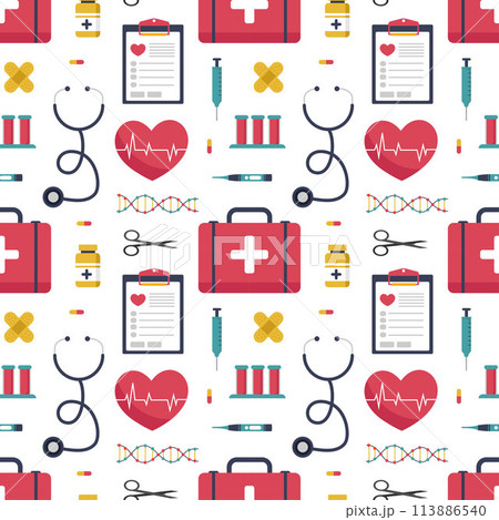 Doctors Day Seamless Pattern Design with Medical Equipment in Template Hand Drawn Cartoon Flat Illustration 113886540