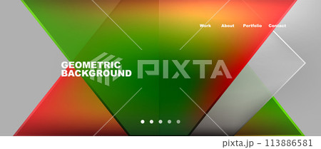 Vehicle hood with geometric red, green, and white triangles on gray background 113886581