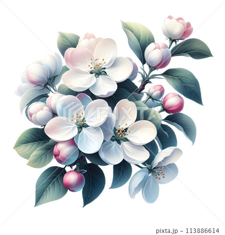 Green foliage and delicate petals of apple tree flowers on a white background, isolation on a white background, spring is gaining strength, a very beautiful breathtaking sight. Generative AI. 113886614