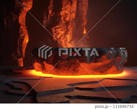 Stone podium for product presentatio surrounded by lava. Showcase with empty space. Generative Ai illustration Stone podium for product presentatio surrounded by lava. Showcase with empty space. Generative Ai illustration 113886738