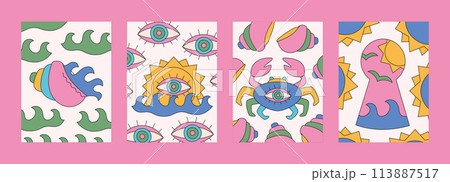 Summer groovy bright cartoon cards set. Trippy colorful simple designs for t-shirt prints, posters, wall arts. Summer groovy bright cartoon cards set. Trippy colorful simple designs for t-shirt prints, posters, wall arts. 113887517