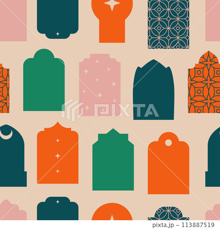 Oriental modern bright Islamic style arches, frames seamless pattern. Minimalist ramadan kareem and eid mubarak windows, doorway. 113887519