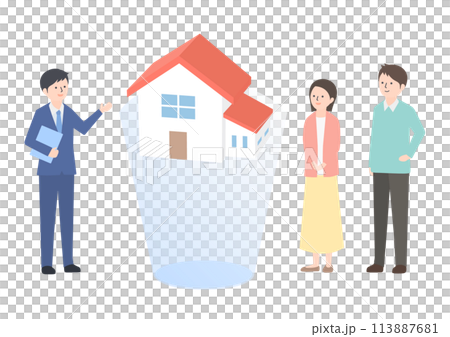 一位商人和一對夫婦實際上檢查房屋的完整圖像 一位商人和一對夫婦實際上檢查房屋的完整圖像 113887681