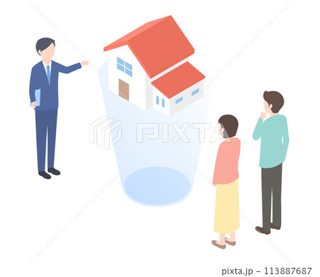 住宅の完成イメージをバーチャルで確認している人々のアイソメトリックイラスト 住宅の完成イメージをバーチャルで確認している人々のアイソメトリックイラスト 113887687