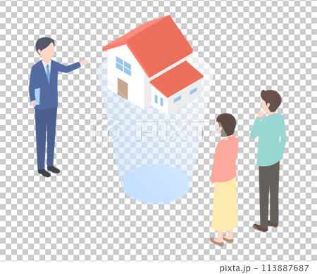 住宅の完成イメージをバーチャルで確認している人々のアイソメトリックイラスト 住宅の完成イメージをバーチャルで確認している人々のアイソメトリックイラスト 113887687