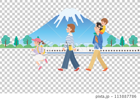 家族旅行　新幹線と富士山　肩車 113887786