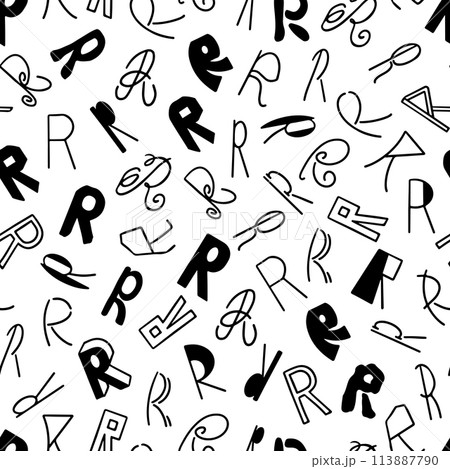 A monochrome pattern with a variety of letters R scattered in different orientations A monochrome pattern with a variety of letters R scattered in different orientations 113887790