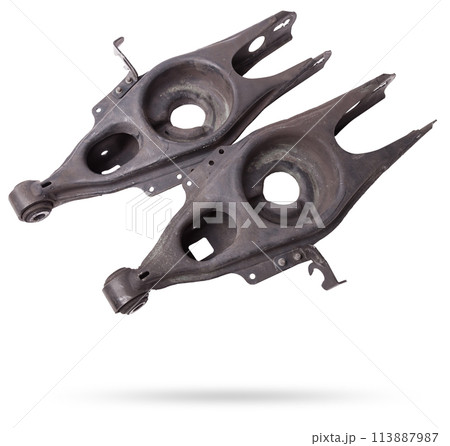 Curved metal rear chassis arm lever for spring with bushings - silent block on a white isolated background. Detail for suspension repair in a workshop or garage. 113887987