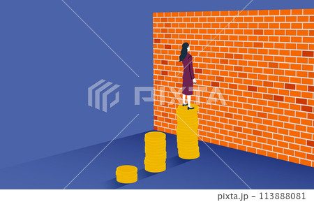 年収の壁のイラスト、お金の上に立つビジネスウーマンと高い壁、ベクター 年収の壁のイラスト、お金の上に立つビジネスウーマンと高い壁、ベクター 113888081
