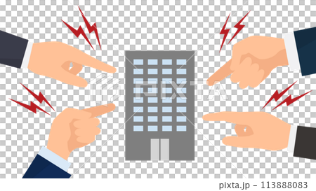 会社を指差すたくさんの大きな手のイラスト、ベクター 113888083