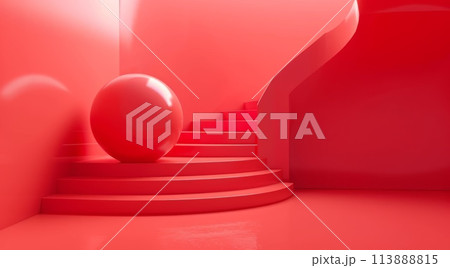 Minimal 3d podium studio with circle. Red background 113888815