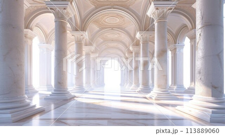 Arcade and a corridor of white columns. A passage of marble columns. Background with perspective going into distance 113889060