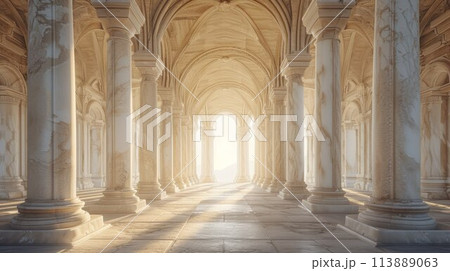 Arcade and a corridor of white columns. A passage of marble columns. Background with perspective going into distance Arcade and a corridor of white columns. A passage of marble columns. Background with perspective going into distance 113889063