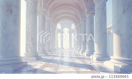 Arcade and a corridor of white columns. A passage of marble columns. Background with perspective going into distance 113889065