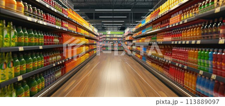 Abstract supermarket aisle with colorful shelves and unrecognizable customers as background Abstract supermarket aisle with colorful shelves and unrecognizable customers as background 113889097