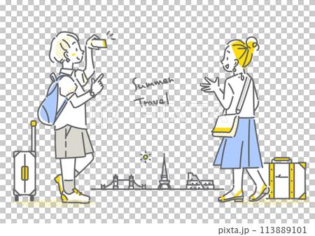 A female tourist enjoying a summer vacation overseas trip. Simple and stylish line drawing illustration A female tourist enjoying a summer vacation overseas trip. Simple and stylish line drawing illustration 113889101