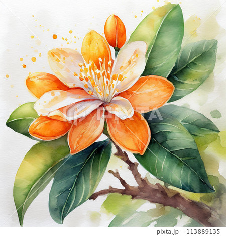 Orange blossom flower isolated on white background. Generative watercolor technique 113889135