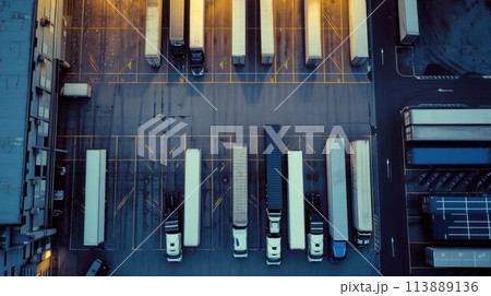 Aerial Shot of Industrial Warehouse Loading Dock where Many Truck with Semi Trailers Load Merchandise 113889136