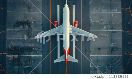 Top down view on commercial airplane docking in terminal in the parking lot of the airport apron, waiting for services maintenance, refilling fuel services after airspace lock down 113889151