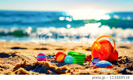Beach scene with toys on the sand and the ocean in the background. Beach scene with toys on the sand and the ocean in the background. 113889516