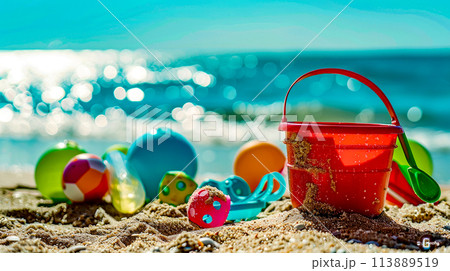 Red bucket sitting on top of sandy beach next to the ocean. Red bucket sitting on top of sandy beach next to the ocean. 113889519