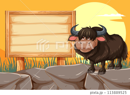 Yak by the Wooden Signboard Illustration 113889525