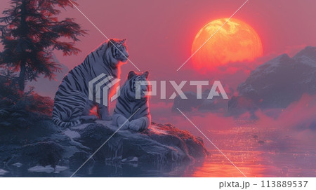 a couple of tigers at sunset a couple of tigers at sunset 113889537