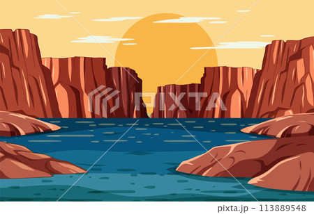 Serene Canyon Sunset Vector Illustration 113889548