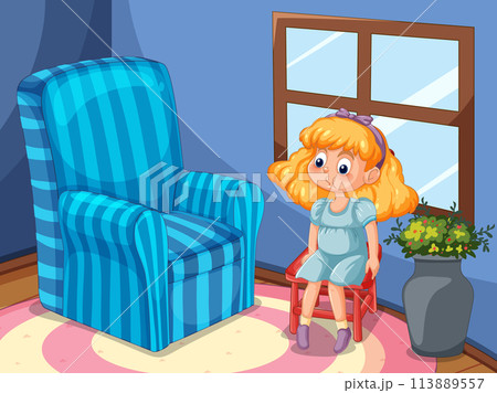 Little Girl Contemplating in Cozy Room Little Girl Contemplating in Cozy Room 113889557