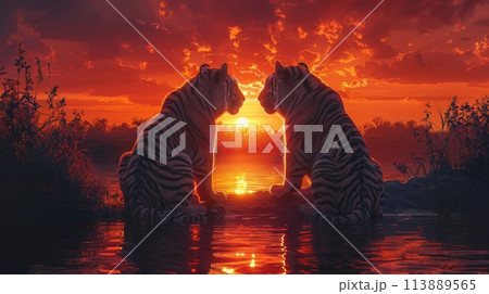 a couple of tigers at sunset 113889565