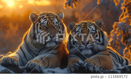 a couple of tigers at sunset a couple of tigers at sunset 113889572