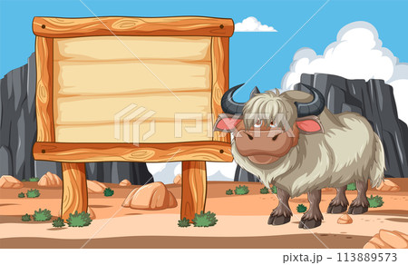 Yak Beside Wooden Signboard Illustration 113889573
