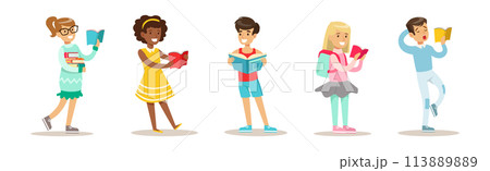 Kid Character Reading Book Enjoying Literature Vector Set 113889889