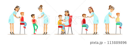 Kids On Medical Examination at Woman Doctor Pediatrician Vector Set 113889896