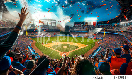 Crowd of people at baseball game with confetti thrown in the air. Crowd of people at baseball game with confetti thrown in the air. 113889919