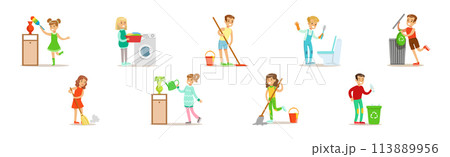 Children Character Helping With Home Cleanup Vector Set Children Character Helping With Home Cleanup Vector Set 113889956