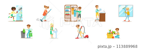 Children Character Helping With Home Cleanup Vector Set 113889968