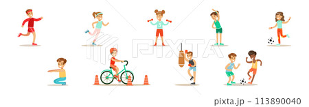 Happy Children Playing Sport Game and Doing Physical Exercise Vector Set Happy Children Playing Sport Game and Doing Physical Exercise Vector Set 113890040