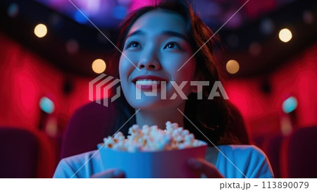 Singgle middle age asian woman looking to movie screen in cinema theater with red seat and light from a projector machine background with popcorn Singgle middle age asian woman looking to movie screen in cinema theater with red seat and light from a projector machine background with popcorn 113890079