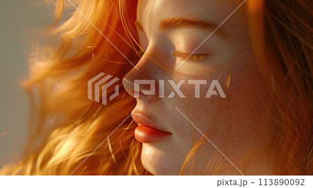 a close up of a woman s face with her eyes closed 113890092