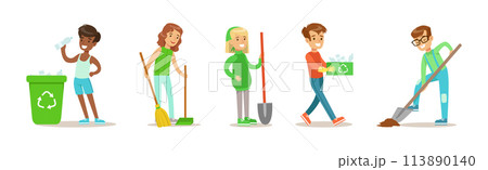 Kid Characters Saving Nature Care of Green Planet Vector Set 113890140