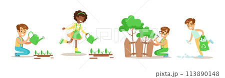 Kid Characters Saving Nature Care of Green Planet Vector Set 113890148